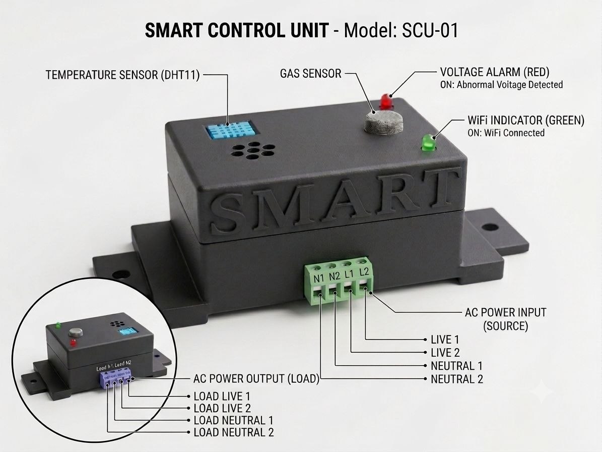 Annotated diagram of the SCU-01 showing AC power input terminals L1, L2, N1, N2 and the load output terminals.