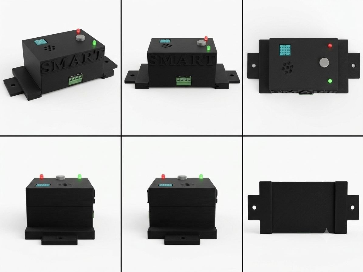 SCU-01 Smart Control Unit enclosure, showing the embossed SMART housing with red and green indicator LEDs, gas sensor vents, and temperature sensor.